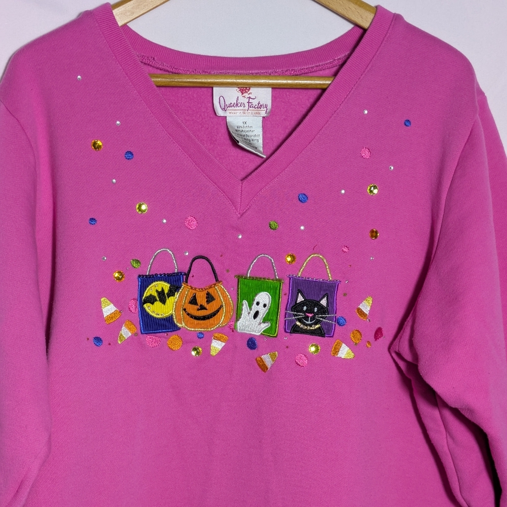 Quacker Factory Halloween V-Neck‎ Sweatshirt, Embroidered & Embellished, Sz 2X - Picture 2 of 10